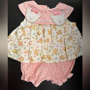 🧸🎀Vintage Miniwear Pink Houndstooth Baby Dress Romper with Bear Appliqué